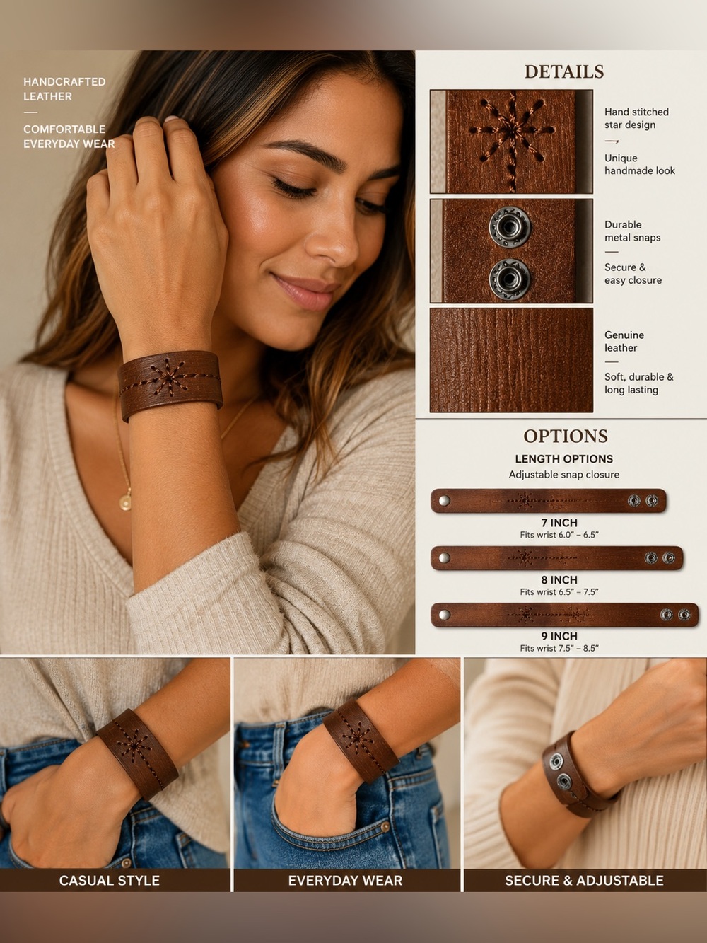 Rustic Hand-Stitched Brown Faux Leather Cuff Bracelet